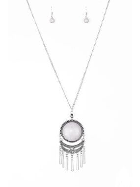 Paparazzi Rural Rustler Necklace White Stone Silver Pendant Set